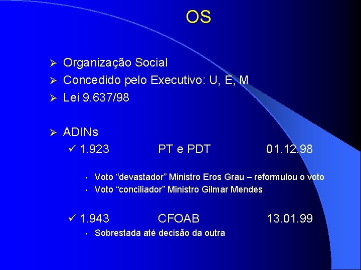 OS Organização Social Ø Concedido pelo Executivo: U, E, M Ø Lei 9. 637/98