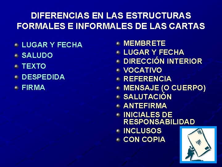DIFERENCIAS EN LAS ESTRUCTURAS FORMALES E INFORMALES DE LAS CARTAS LUGAR Y FECHA SALUDO