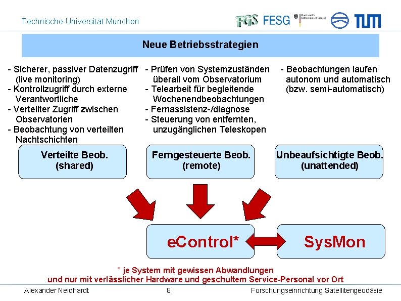 Technische Universität München Neue Betriebsstrategien - Sicherer, passiver Datenzugriff (live monitoring) - Kontrollzugriff durch