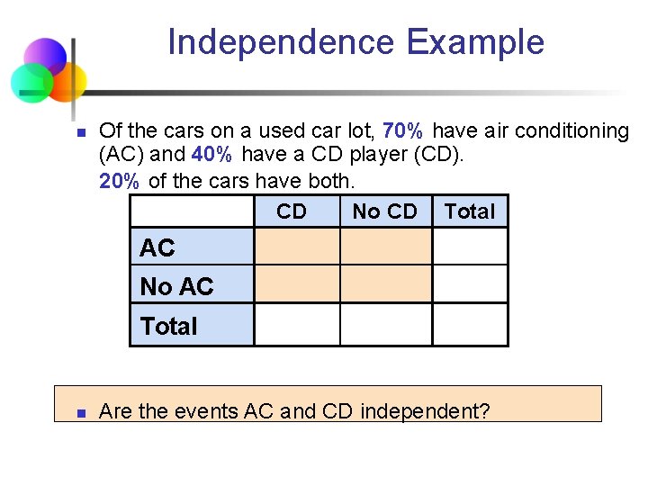 Independence Example n Of the cars on a used car lot, 70% have air