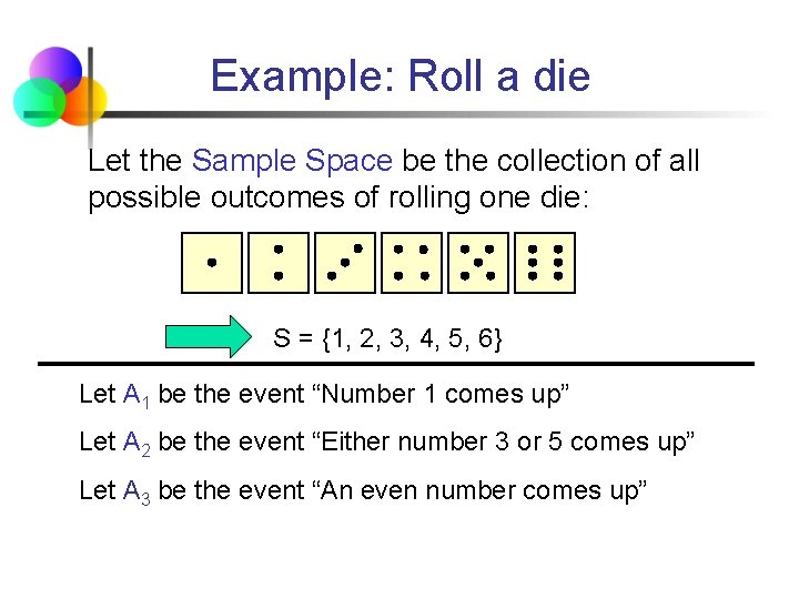 Example: Roll a die Let the Sample Space be the collection of all possible