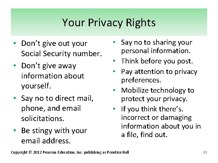 Your Privacy Rights • Don’t give out your Social Security number. • Don’t give