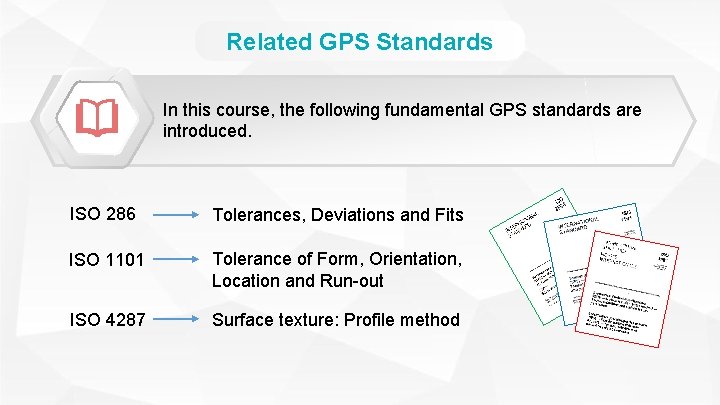 Related GPS Standards In this course, the following fundamental GPS standards are introduced. ISO