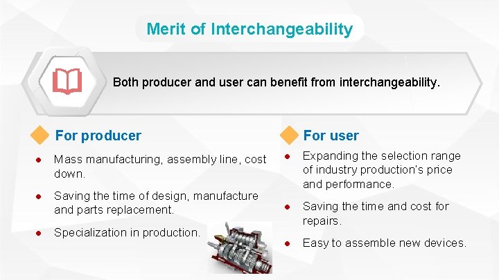 Merit of Interchangeability Both producer and user can benefit from interchangeability. For producer l