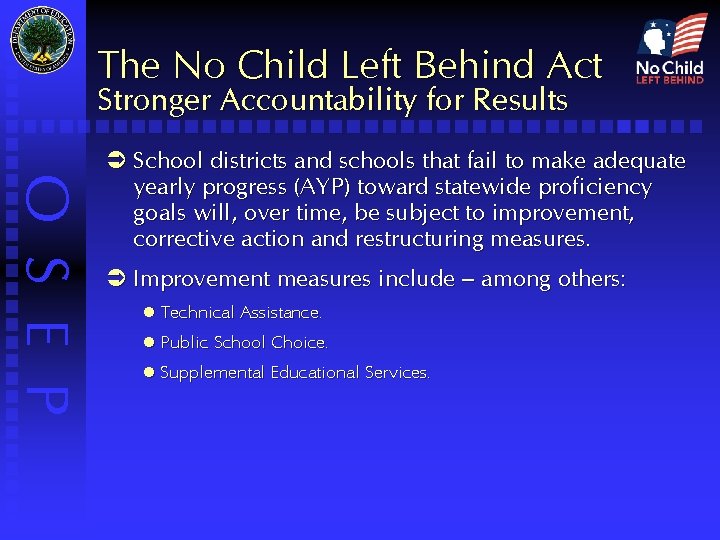 The No Child Left Behind Act Stronger Accountability for Results O S E P