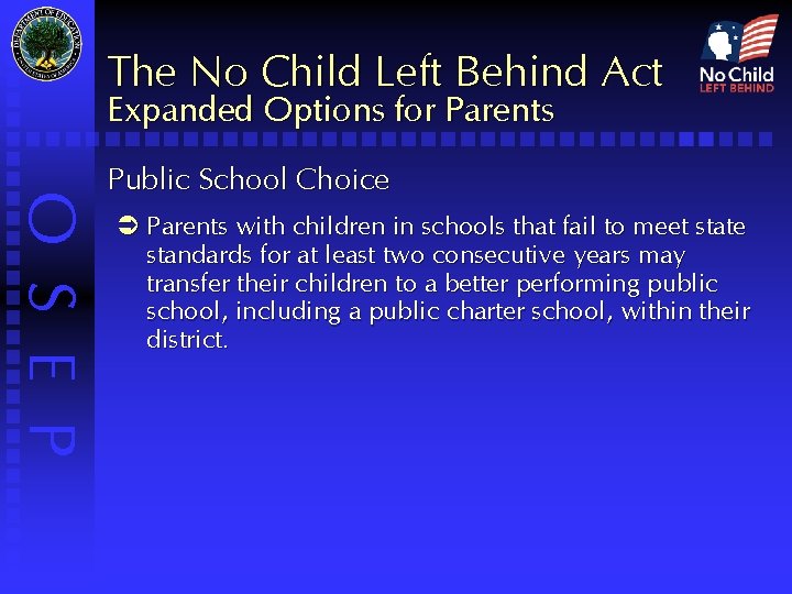 The No Child Left Behind Act Expanded Options for Parents O S E P