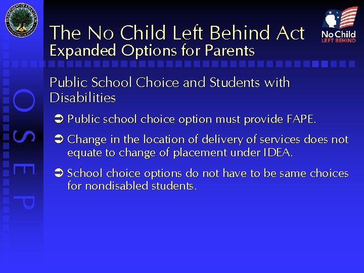 The No Child Left Behind Act Expanded Options for Parents O S E P