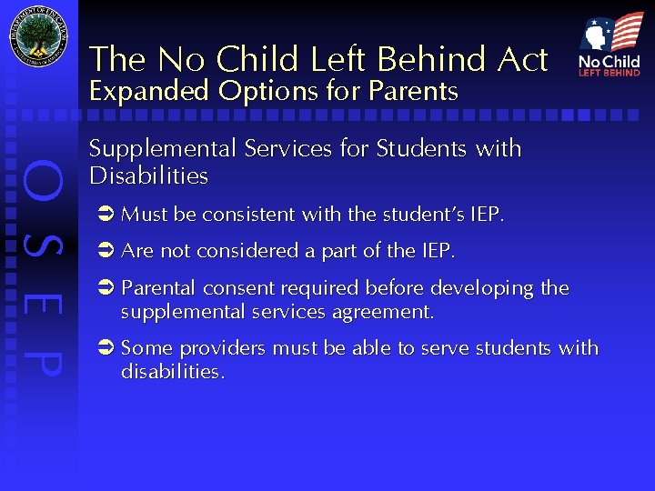 The No Child Left Behind Act Expanded Options for Parents O S E P