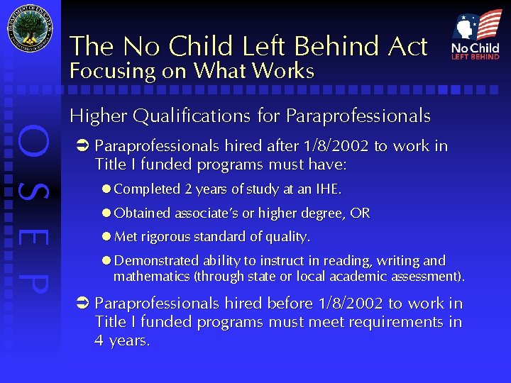 The No Child Left Behind Act Focusing on What Works O S E P