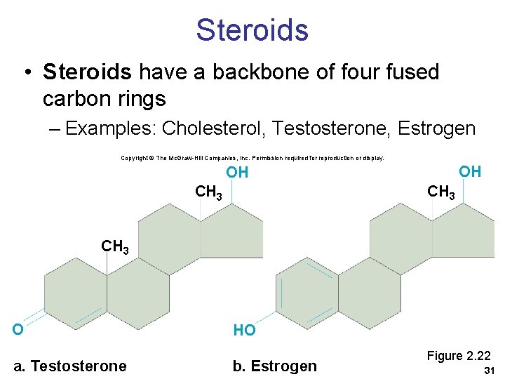 Steroids • Steroids have a backbone of four fused carbon rings – Examples: Cholesterol,