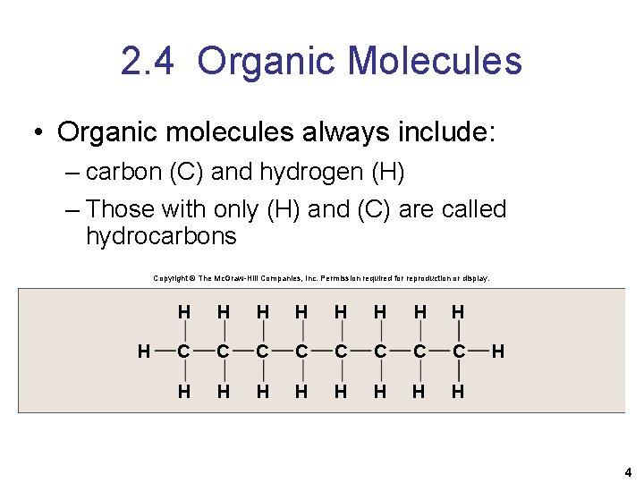 2. 4 Organic Molecules • Organic molecules always include: – carbon (C) and hydrogen