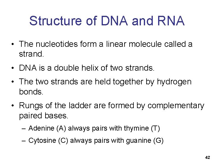 Structure of DNA and RNA • The nucleotides form a linear molecule called a