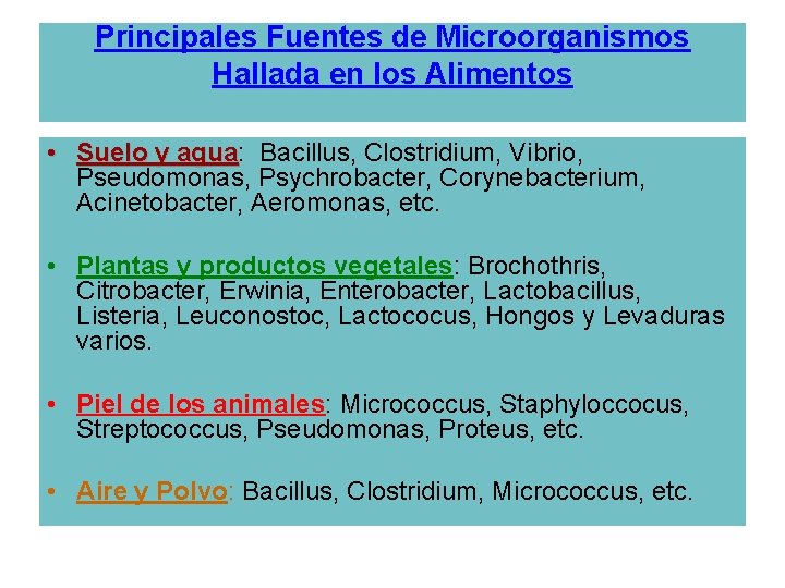 Principales Fuentes de Microorganismos Hallada en los Alimentos • Suelo y agua: agua Bacillus,