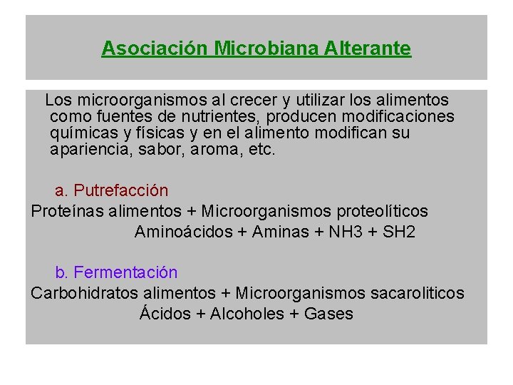 Asociación Microbiana Alterante Los microorganismos al crecer y utilizar los alimentos como fuentes de