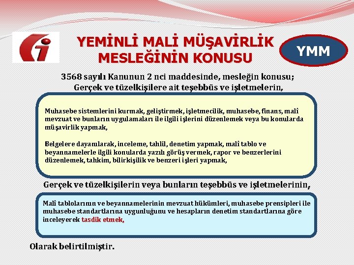 YEMİNLİ MALİ MÜŞAVİRLİK MESLEĞİNİN KONUSU YMM 3568 sayılı Kanunun 2 nci maddesinde, mesleğin konusu;