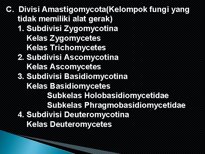 C. Divisi Amastigomycota(Kelompok fungi yang tidak memiliki alat gerak) 1. Subdivisi Zygomycotina Kelas Zygomycetes
