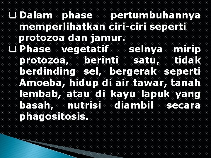 q Dalam phase pertumbuhannya memperlihatkan ciri-ciri seperti protozoa dan jamur. q Phase vegetatif selnya