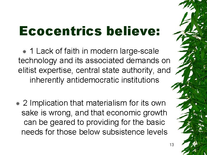 Ecocentrics believe: 1 Lack of faith in modern large-scale technology and its associated demands