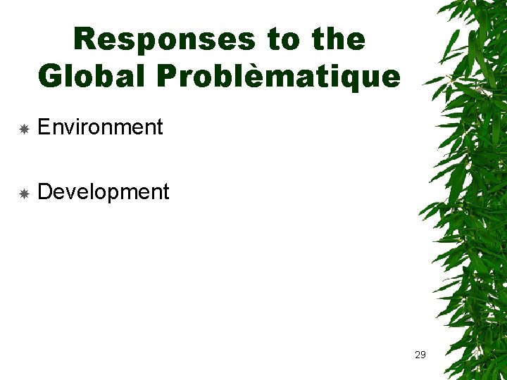 Responses to the Global Problèmatique Environment Development 29 