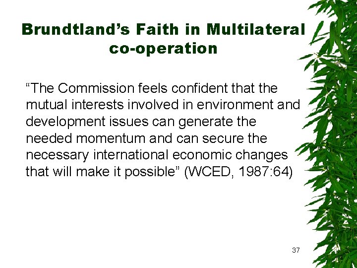 Brundtland’s Faith in Multilateral co-operation “The Commission feels confident that the mutual interests involved