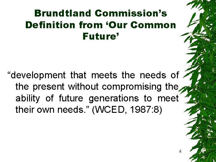 Brundtland Commission’s Definition from ‘Our Common Future’ “development that meets the needs of the