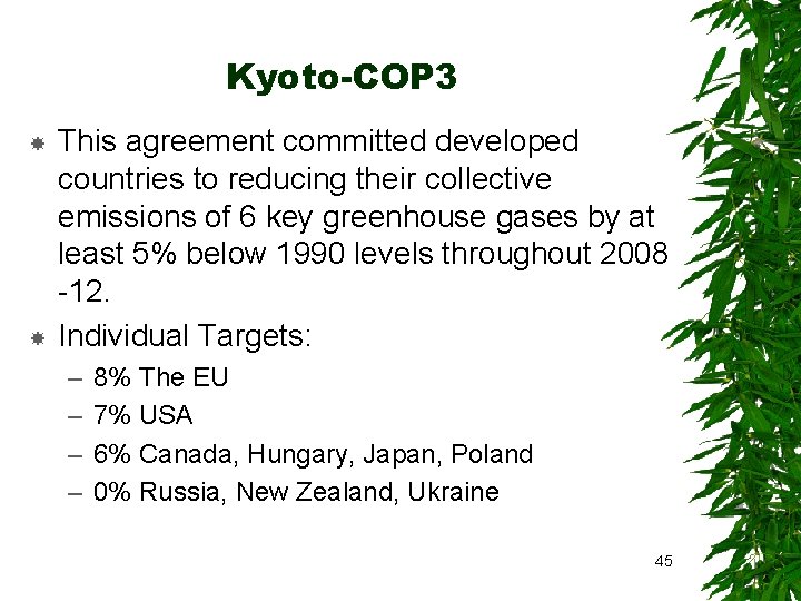 Kyoto-COP 3 This agreement committed developed countries to reducing their collective emissions of 6