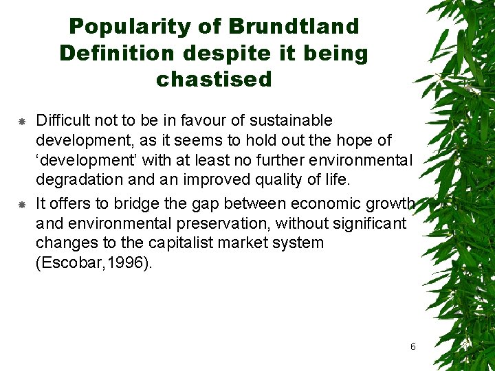 Popularity of Brundtland Definition despite it being chastised Difficult not to be in favour