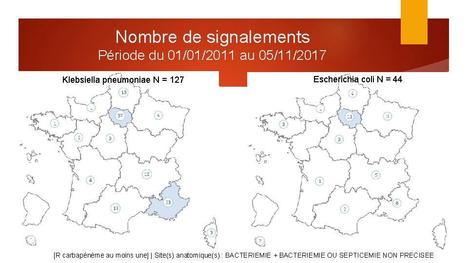 Nombre de signalements Période du 01/01/2011 au 05/11/2017 Klebsiella pneumoniae N = 127 Escherichia