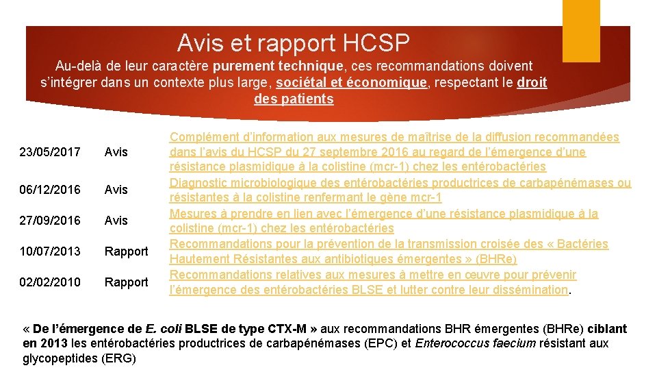 Avis et rapport HCSP Au-delà de leur caractère purement technique, ces recommandations doivent purement