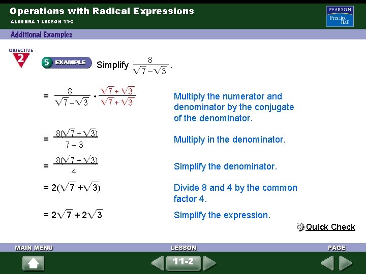 Operations with Radical Expressions ALGEBRA 1 LESSON 11 -2 Simplify 8 . 7 – Operations with Radical Expressions ALGEBRA 1 LESSON 11 -2 Simplify 8 . 7 –
