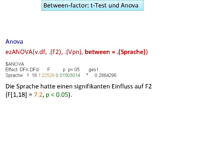 Between-factor: t-Test und Anova ez. ANOVA(v. df, . (F 2), . (Vpn), between =.