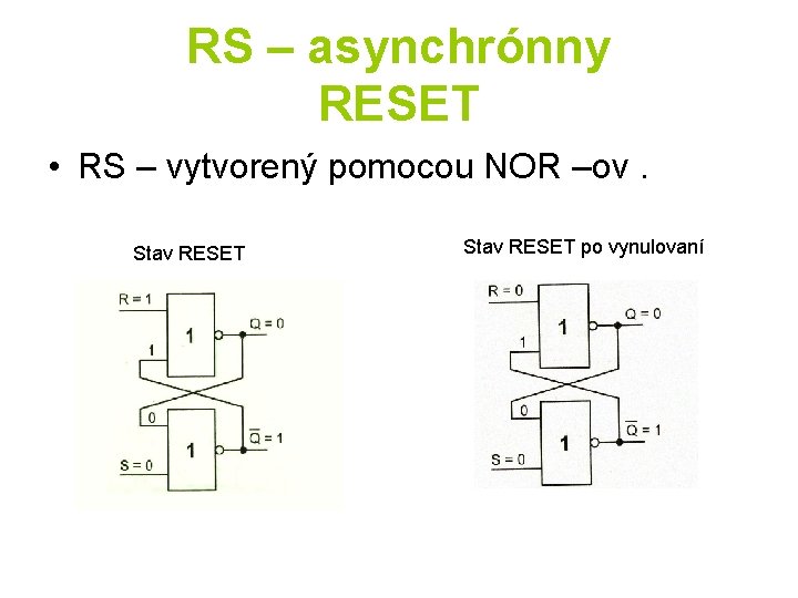 RS – asynchrónny RESET • RS – vytvorený pomocou NOR –ov. Stav RESET po