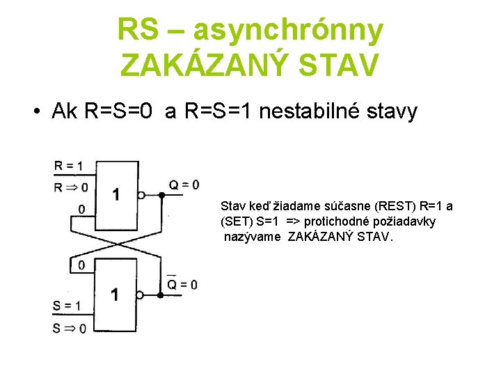 RS – asynchrónny ZAKÁZANÝ STAV • Ak R=S=0 a R=S=1 nestabilné stavy Stav keď