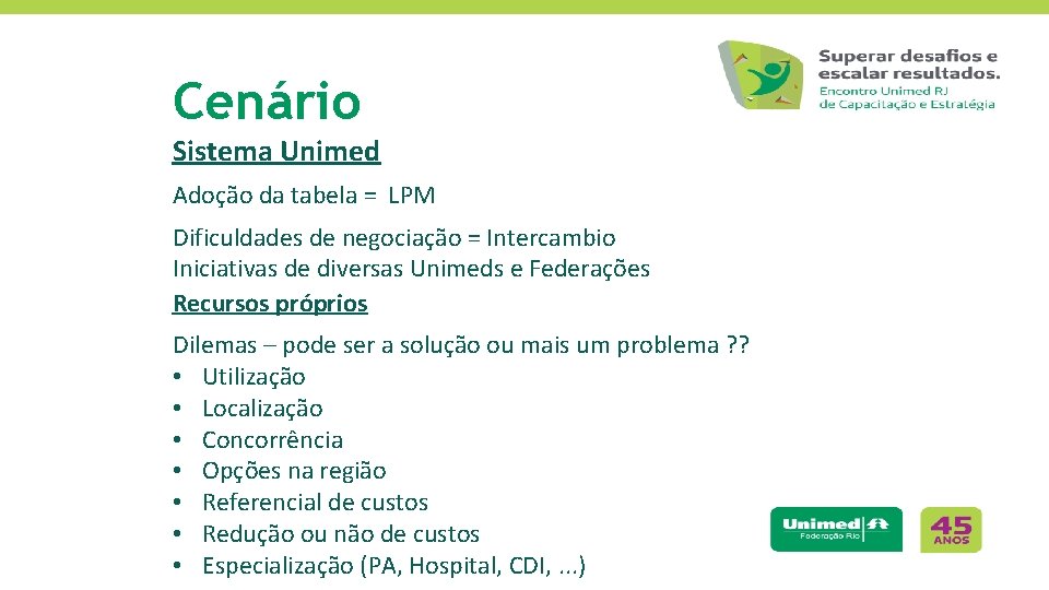 Cenário Sistema Unimed Adoção da tabela = LPM Dificuldades de negociação = Intercambio Iniciativas