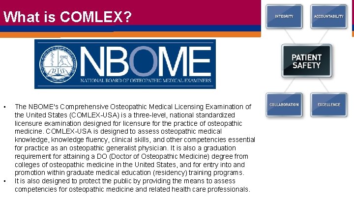 What is COMLEX? • • The NBOME's Comprehensive Osteopathic Medical Licensing Examination of the