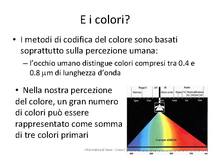 E i colori? • I metodi di codifica del colore sono basati soprattutto sulla