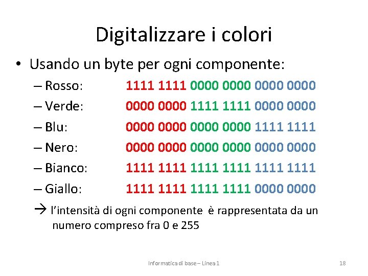 Digitalizzare i colori • Usando un byte per ogni componente: – Rosso: 1111 0000
