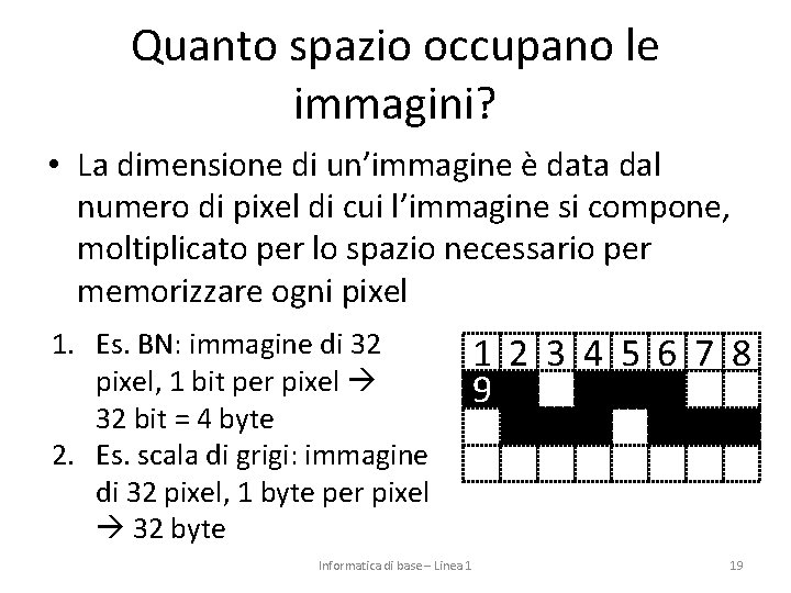 Quanto spazio occupano le immagini? • La dimensione di un’immagine è data dal numero