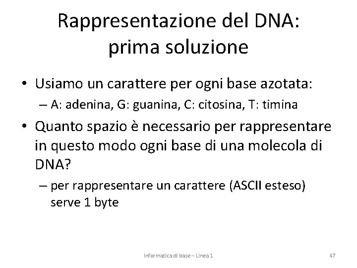 Rappresentazione del DNA: prima soluzione • Usiamo un carattere per ogni base azotata: –