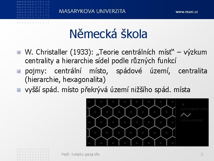 Německá škola W. Christaller (1933): „Teorie centrálních míst“ – výzkum centrality a hierarchie sídel