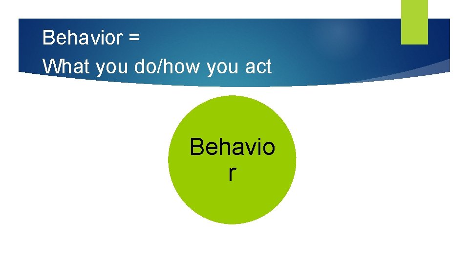 Behavior = What you do/how you act Behavio r 