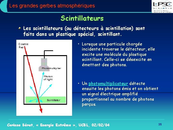 Les grandes gerbes atmosphériques Scintillateurs Les scintillateurs (ou détecteurs à scintillation) sont faits dans