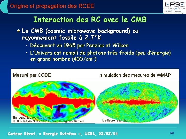 Origine et propagation des RCEE Interaction des RC avec le CMB Le CMB (cosmic