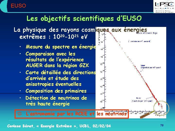 EUSO Les objectifs scientifiques d’EUSO La physique des rayons cosmiques aux énergies extrêmes :
