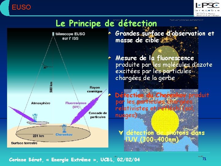 EUSO Le Principe de détection Grandes surface d’observation et masse de cible Mesure de