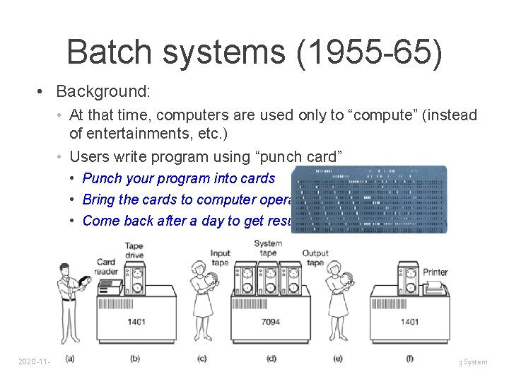 Batch systems (1955 -65) • Background: • At that time, computers are used only