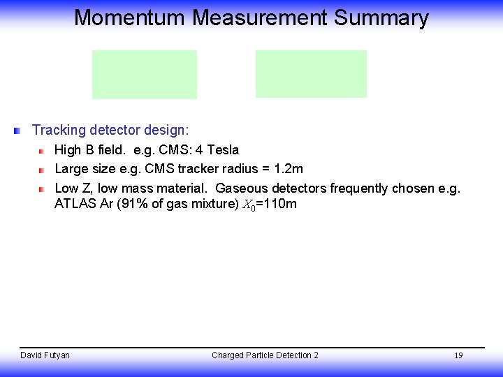 Momentum Measurement Summary Tracking detector design: High B field. e. g. CMS: 4 Tesla