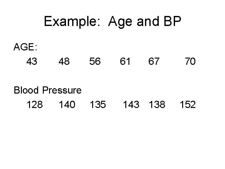 Example: Age and BP AGE: 43 48 56 Blood Pressure 128 140 135 61