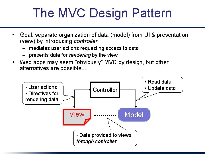 The MVC Design Pattern • Goal: separate organization of data (model) from UI &