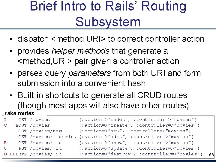 Brief Intro to Rails’ Routing Subsystem • dispatch <method, URI> to correct controller action